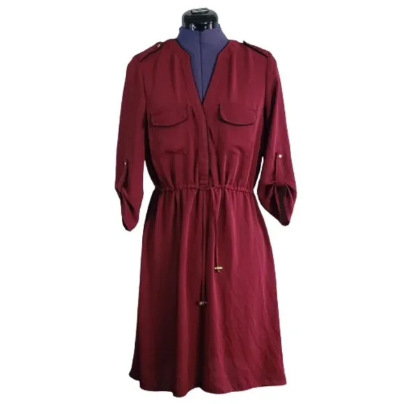 H&M Red Cinched Waist Shirt Dress with Half Sleeves Women's Size 8 NWOT - Picture 1 of 5